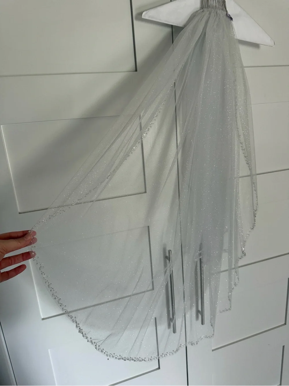 Glitter Sheer Bridal Veil with Beaded Edge